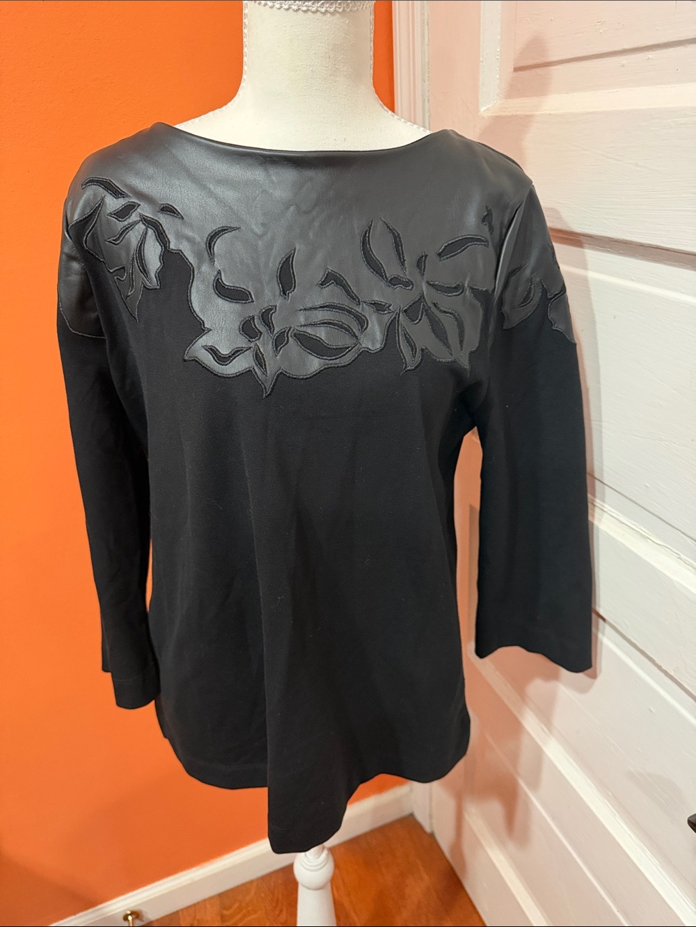 Chico's Black Long Sleeve Top with Floral Appliqué